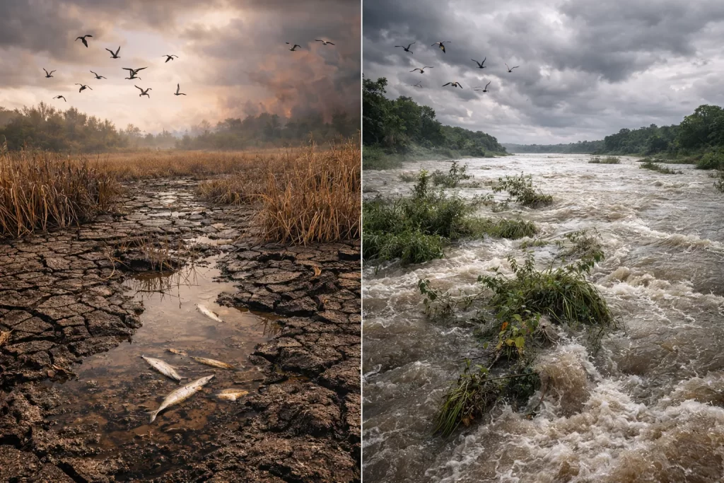 Impact of Climate Change on Wildlife Habitats: Threats and Adaptation 3 Dried wetland and flooded river illustrating changing rainfall patterns and impacts on water ecosystems.