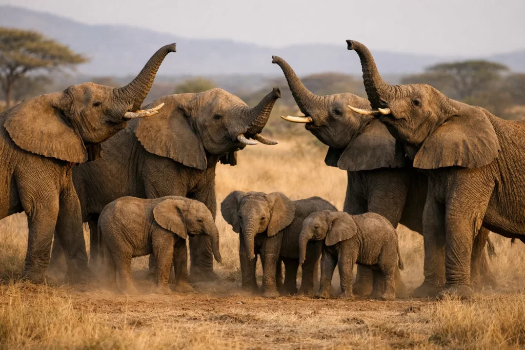 Elephant Herd Decision Making in the Wild Explained 3 Elephants signaling direction together during elephant herd decision making in the wild.