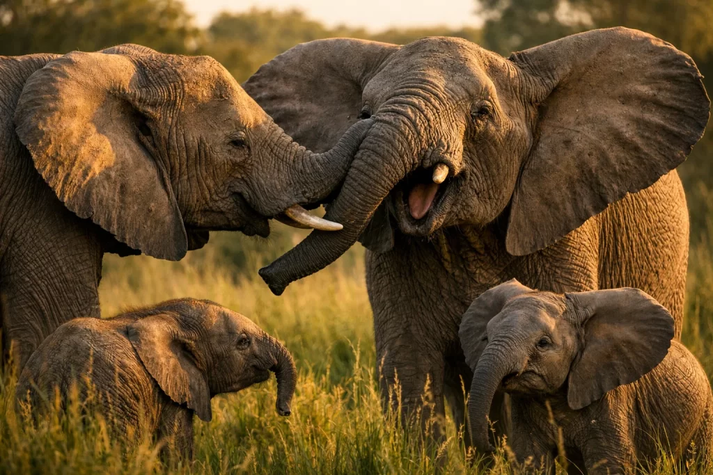 Elephant Herd Decision Making in the Wild Explained 5 Elephants communicating through body language and sound during elephant herd decision making in the wild.