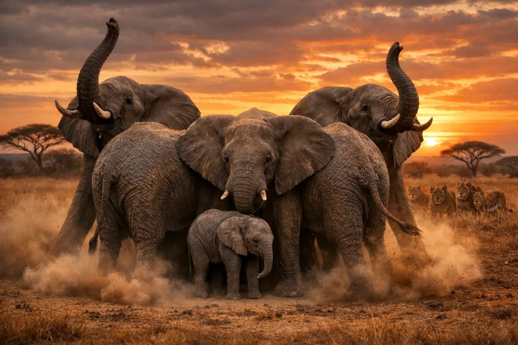 How Elephants Protect Calves from Predators in the Wild 3 how elephants protect calves from predators using defensive circle formations against lions