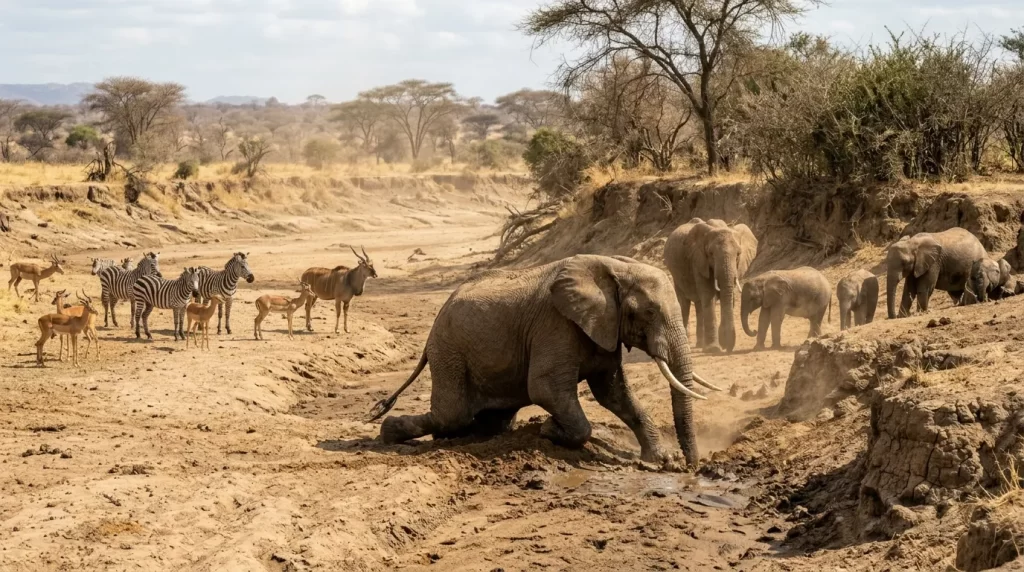 How Elephants Find Water During Drought Conditions 4 how elephants find water during drought by digging wells in dry riverbeds to reach underground water.