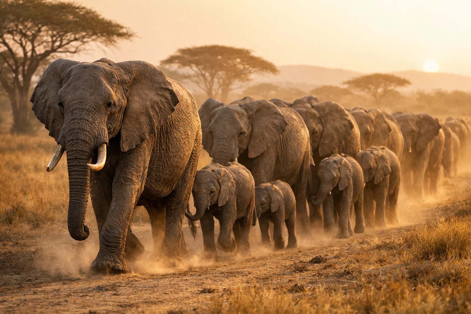 Elephant herd decision making in the wild showing a matriarch leading a coordinated herd across the savanna.