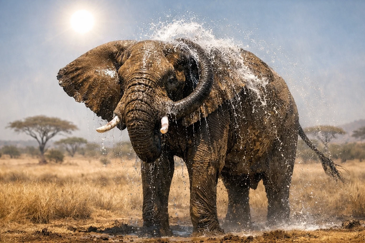 how do elephants cool their bodies in extreme heat African elephant spraying water and flapping ears in hot savanna