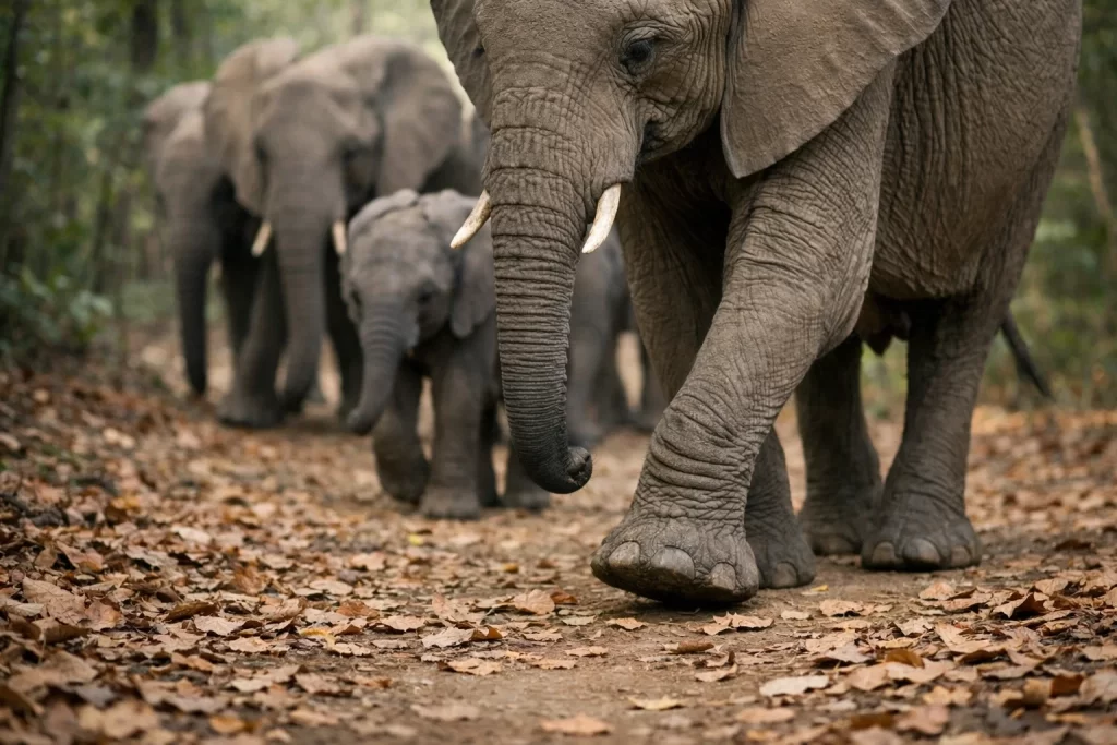 How Elephant Feet Help Them Walk Silently in the Wild 3 How Elephant Feet Help Them Walk Silently in the Wild as elephants carefully place their feet while moving quietly through a forest path.