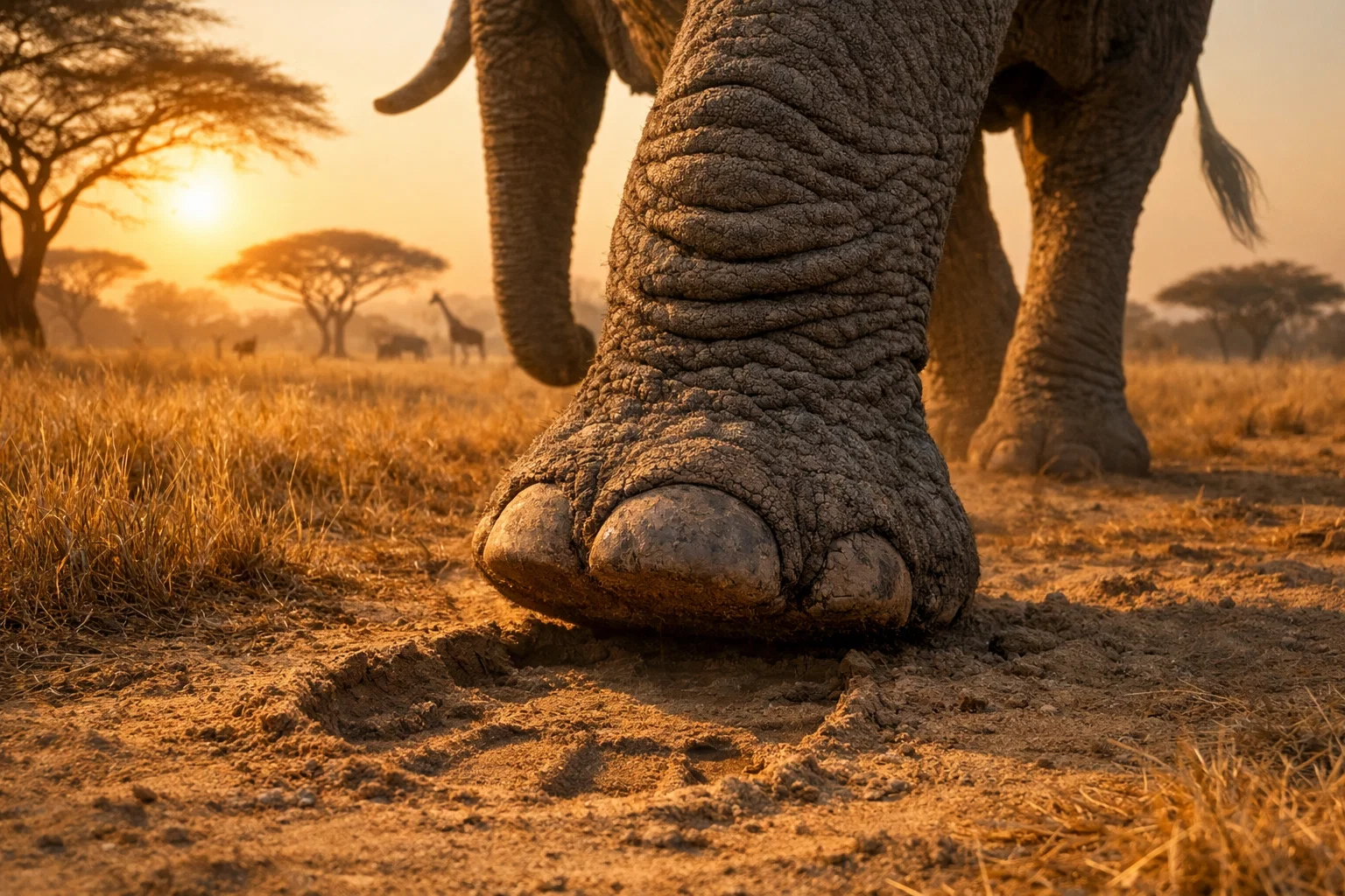 How Elephant Feet Help Them Walk Silently in the Wild as an African elephant steps quietly across the savanna leaving soft tracks.