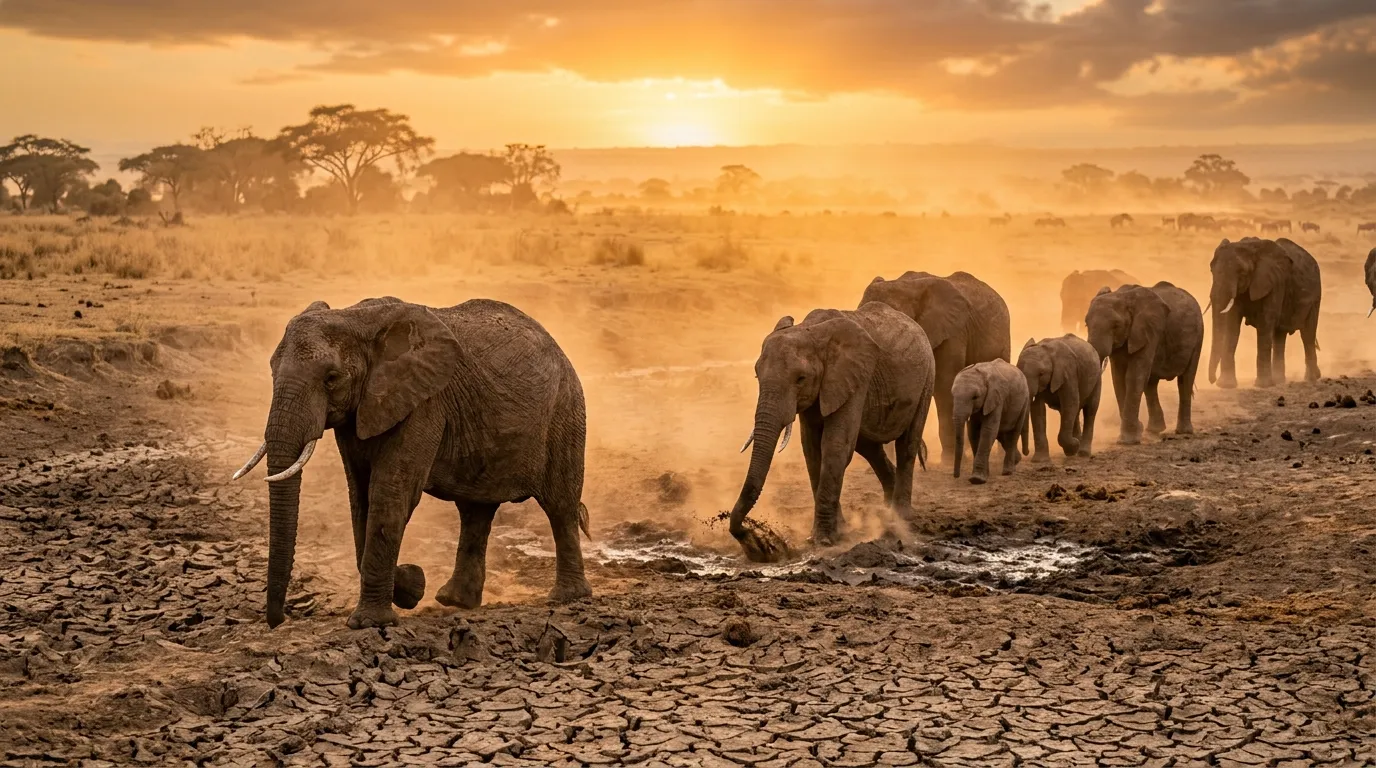 how elephants find water during drought as a herd crosses a dry riverbed searching for hidden water sources.
