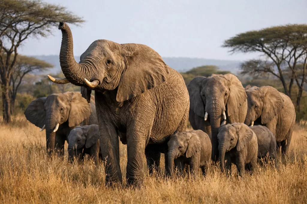 Elephant Herd Decision Making in the Wild Explained 2 Matriarch leading a herd demonstrating elephant herd decision making in the wild through experience and leadership.