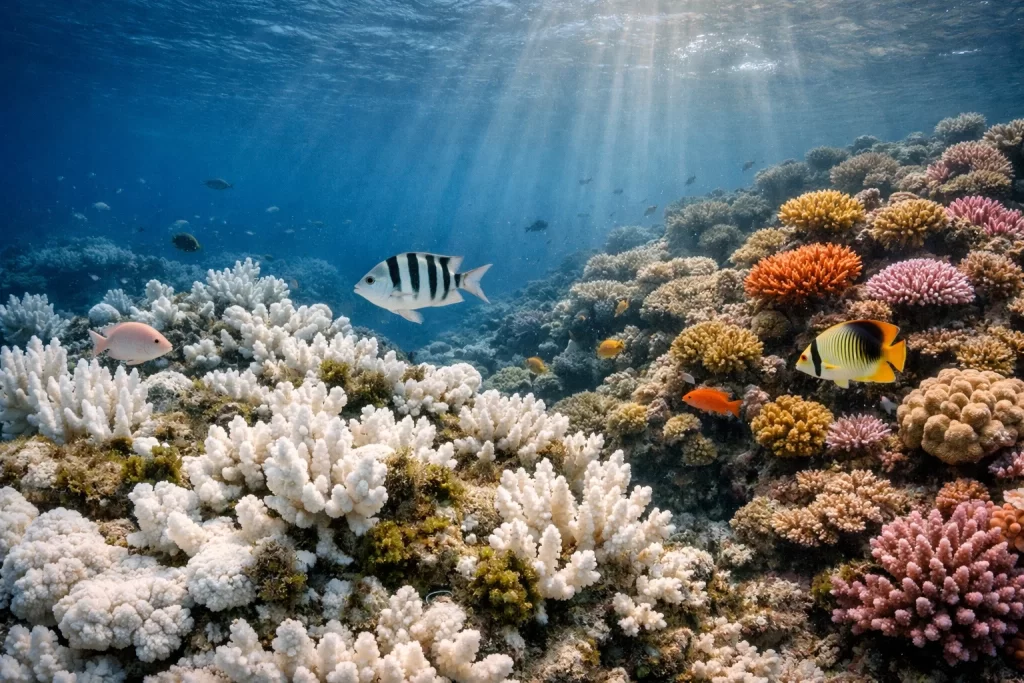 Impact of Climate Change on Wildlife Habitats: Threats and Adaptation 4 Bleached coral reef underwater showing ocean warming and marine habitat collapse.
