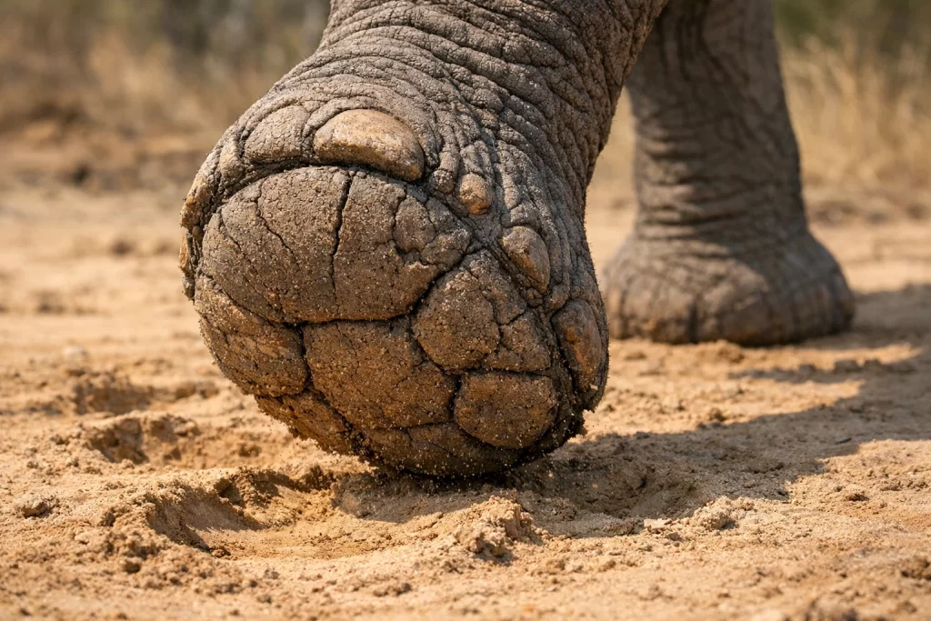 How Elephant Feet Help Them Walk Silently in the Wild 2 How Elephant Feet Help Them Walk Silently in the Wild showing the thick cushioned fat pad under an elephant’s foot absorbing pressure.