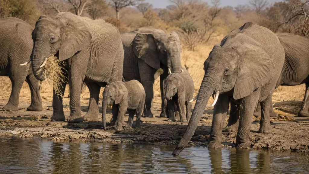 African Elephant herd drinking and feeding near a dry-season waterhole.