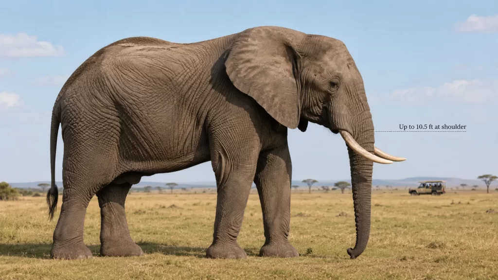 African Elephant size shown with realistic scale in a savanna landscape.