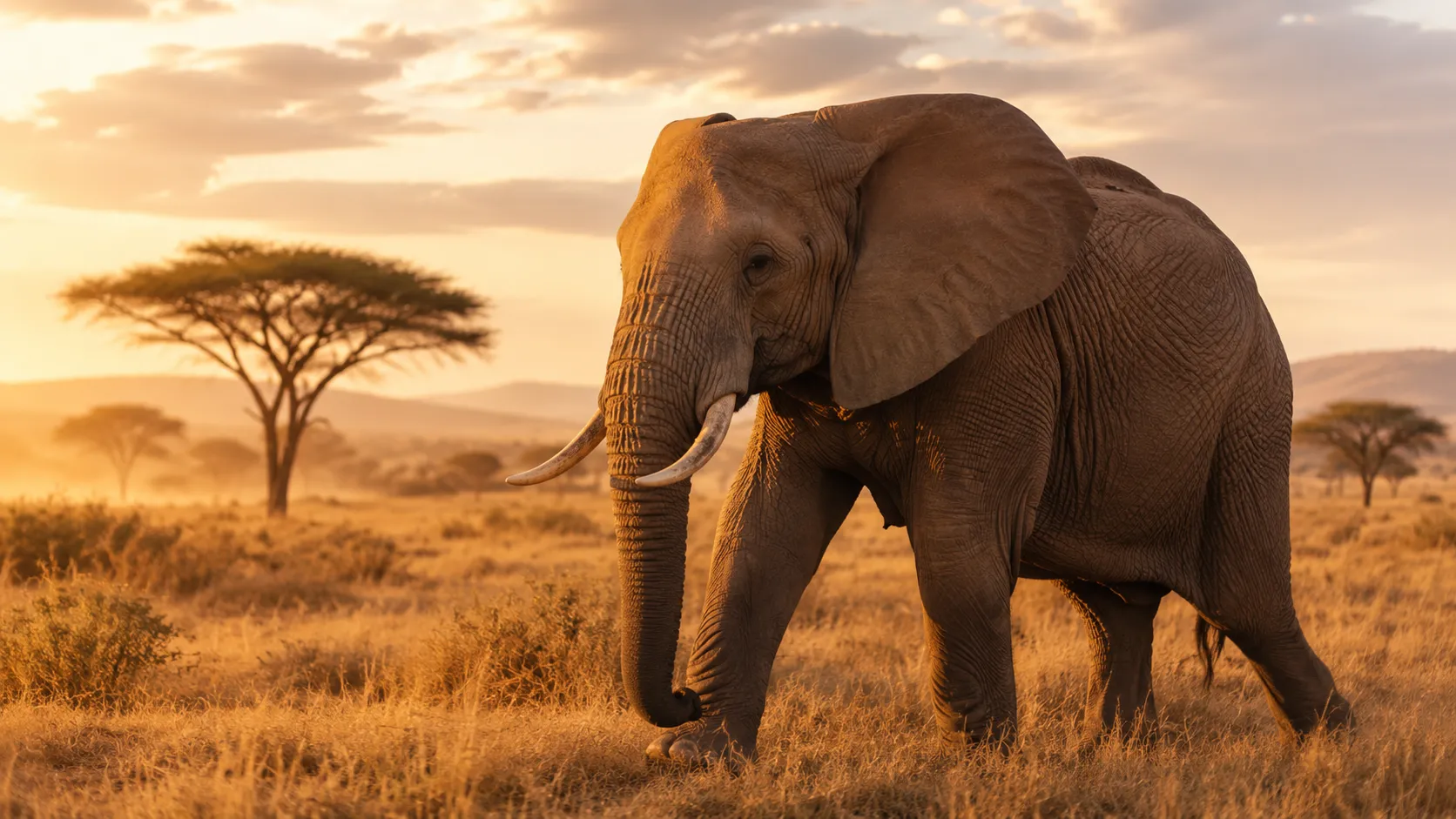 African Elephant walking across the African savanna at golden hour.