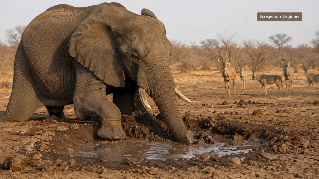 African Elephant digging water and supporting other wildlife as an ecosystem engineer.
