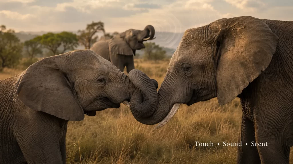 African Elephants communicating through touch, sound, and scent.