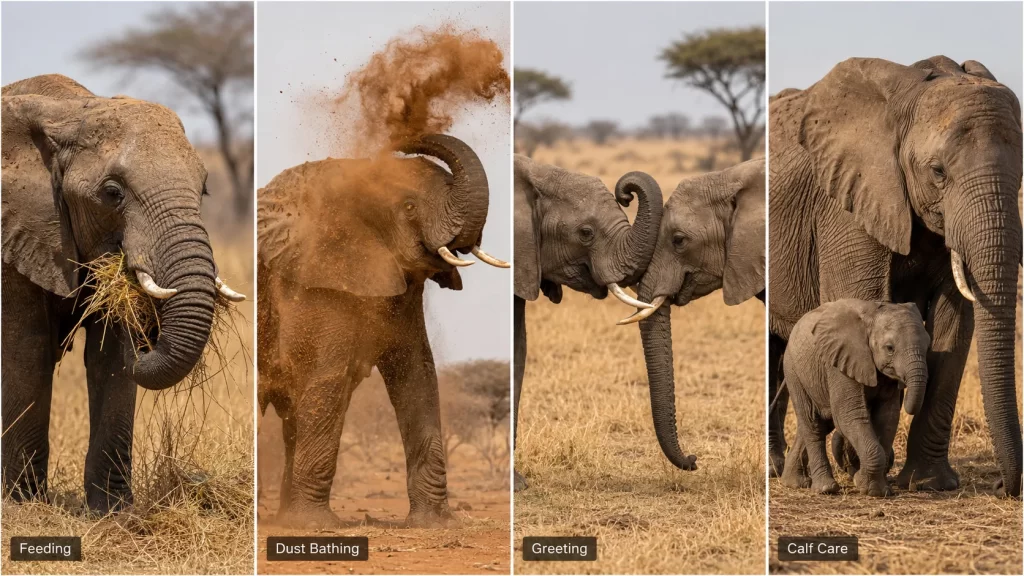 African Elephant behaviour panels showing feeding, dust bathing, greeting, and calf care.