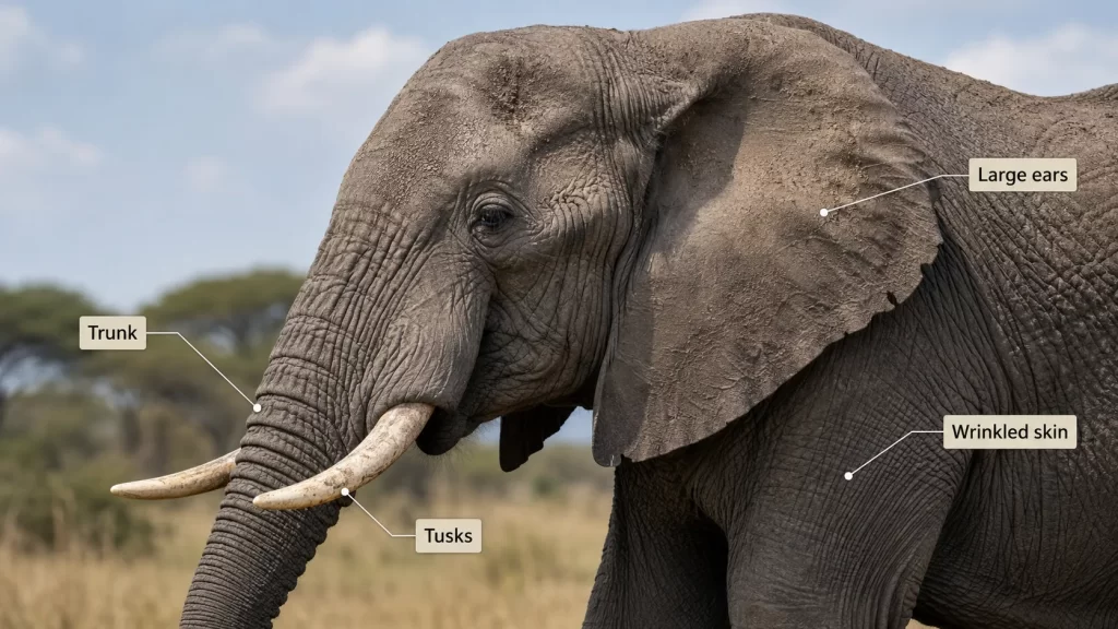 African Elephant biology image showing trunk, tusks, ears, and skin.