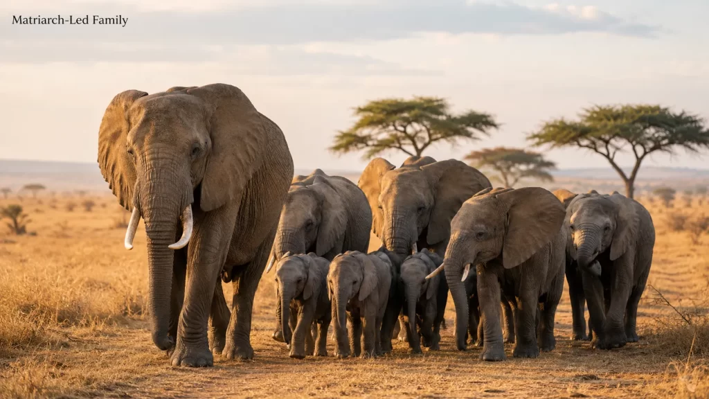 African Elephant matriarch leading a family group with calves protected inside.