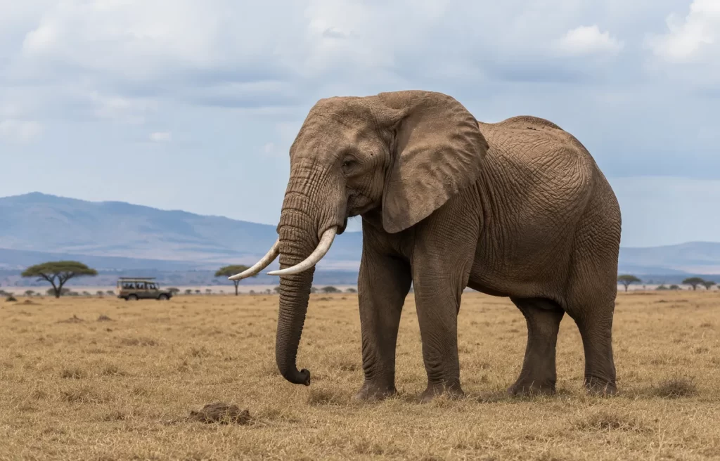 Full body African Elephant showing size and scale in a savanna landscape.