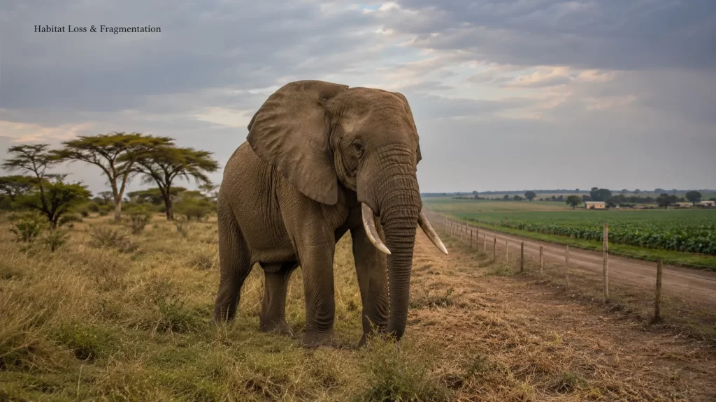 African Elephant near fragmented habitat showing conservation threats.