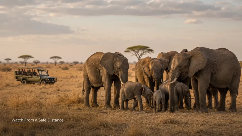 Safari vehicle watching African Elephants from a safe distance.