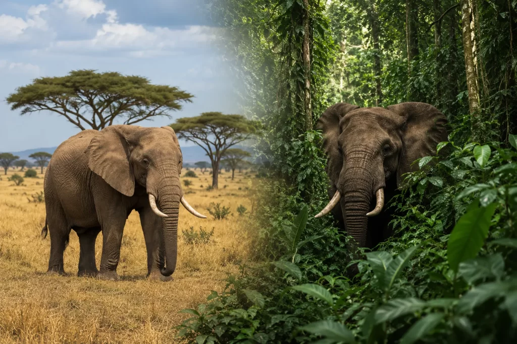 Savanna and forest African elephants shown in their natural habitats.