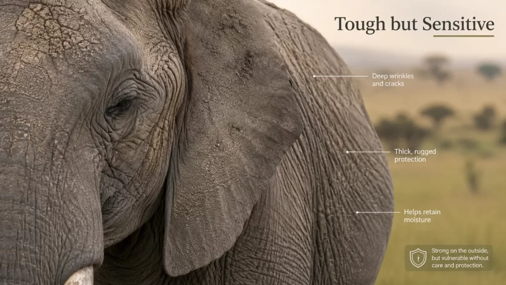 Elephant Skin Conditions: Sunburn, Parasites & Wound Healing in the Wild 2 Why Elephant Skin Is Tough but Still Sensitive